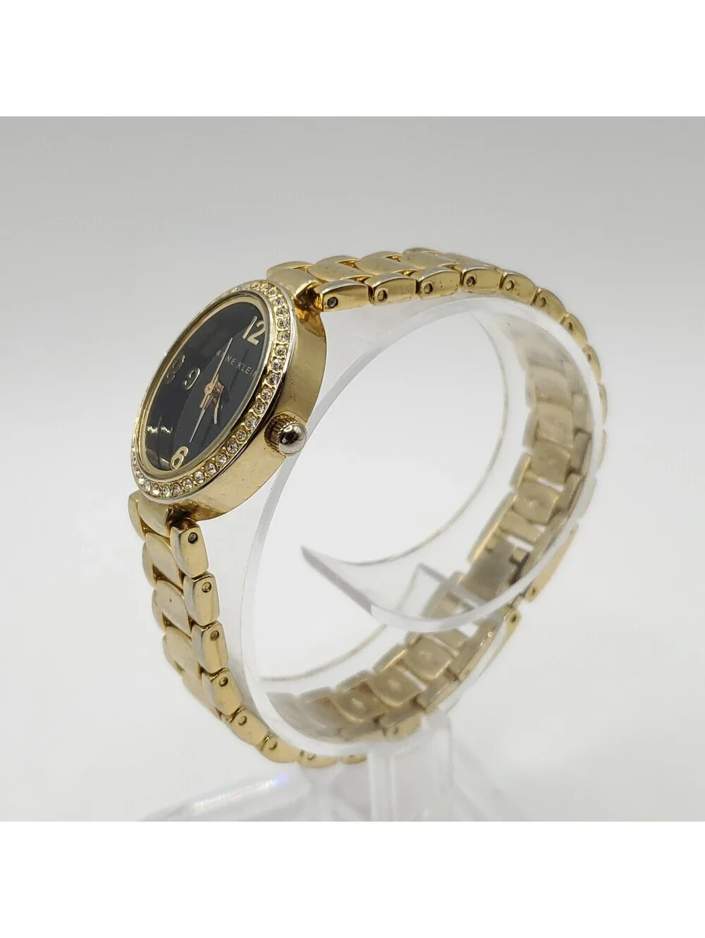 Anne Klein Oval Rhinestone Bezel Black Dial Womens Watch 19mm New Battery